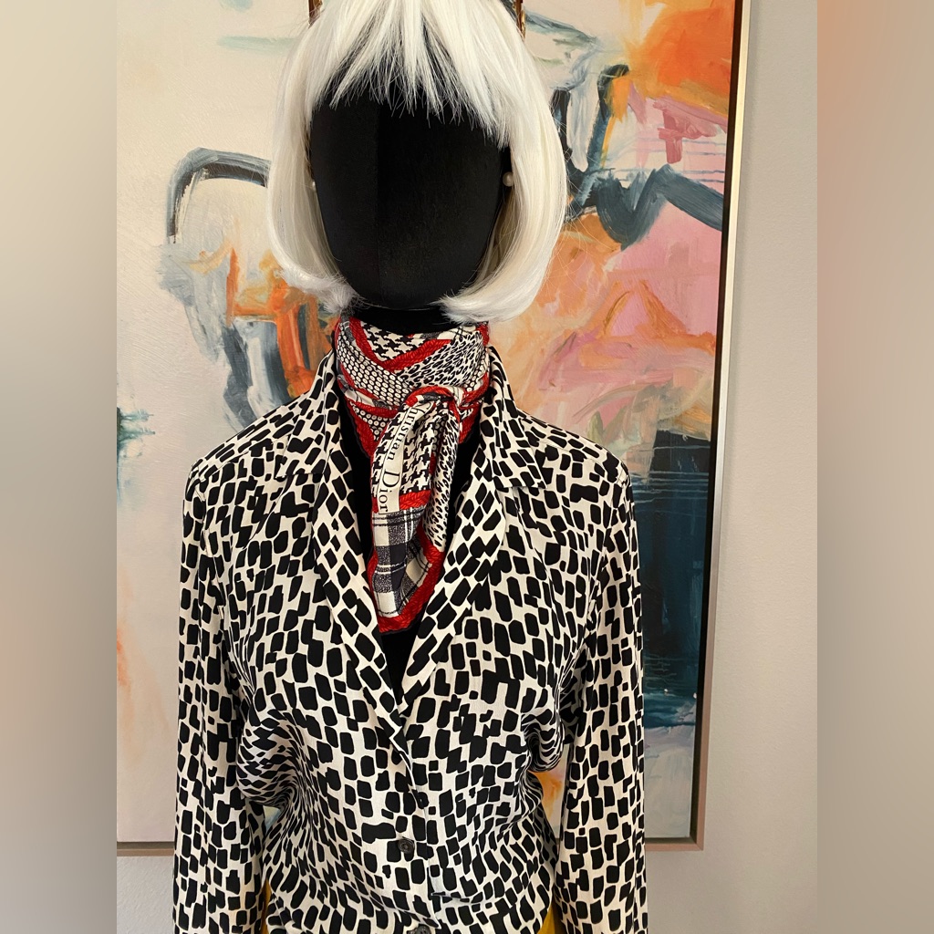 Silk Black And White Top/Button Down/ Shirt.